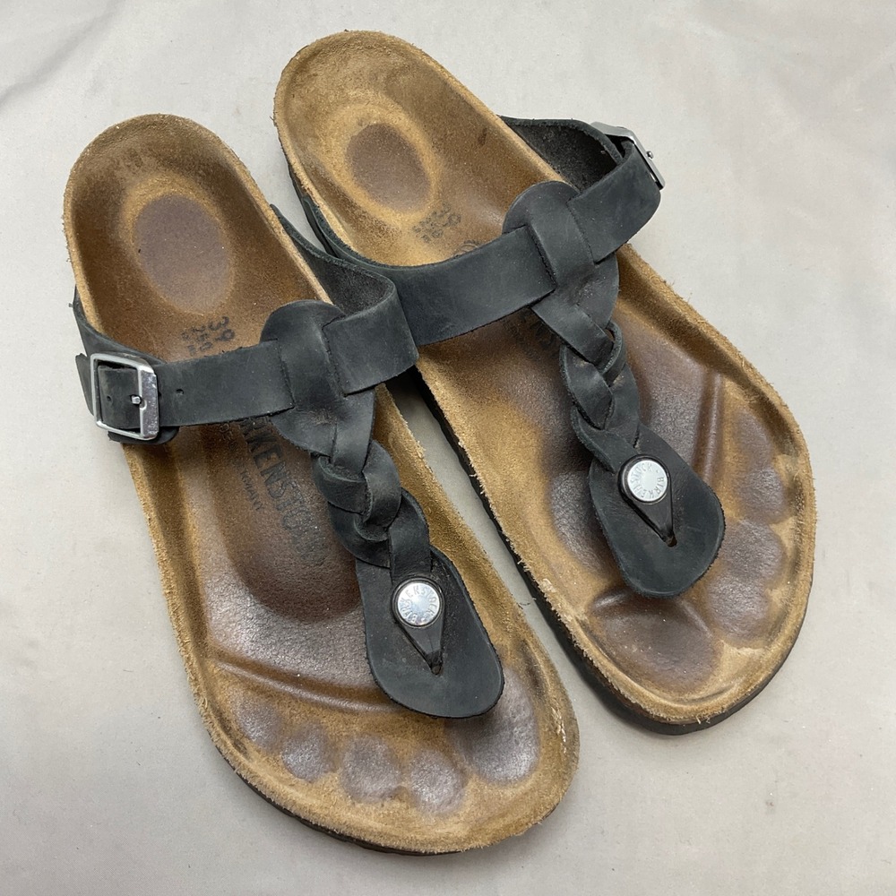 Birkenstock Taormina Sandals Women 39 Black Braided Leather T-Strap Thong Shoes